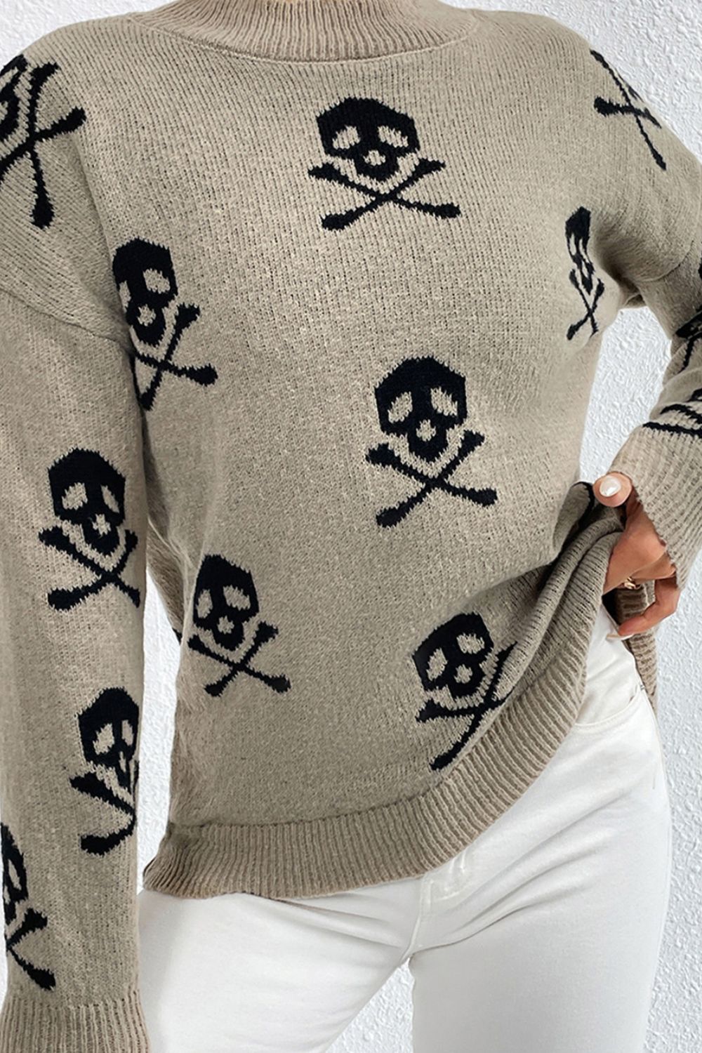 Graphic Mock Neck Dropped Shoulder Sweater - The Boutie Shop