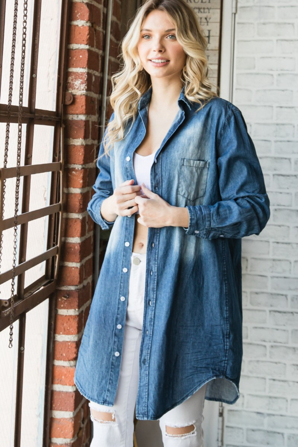 Veveret Pocketed Button Up Washed Denim Shirt - The Boutie Shop