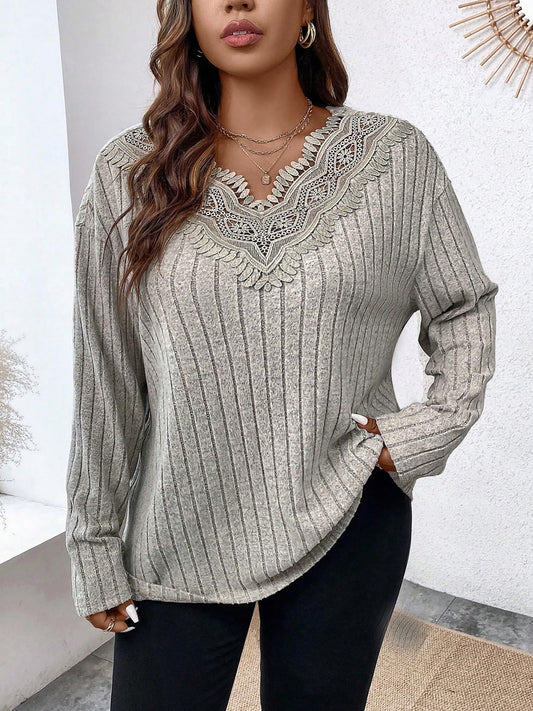 Plus Size Lace Detail Long Sleeve T-Shirt - The Boutie Shop