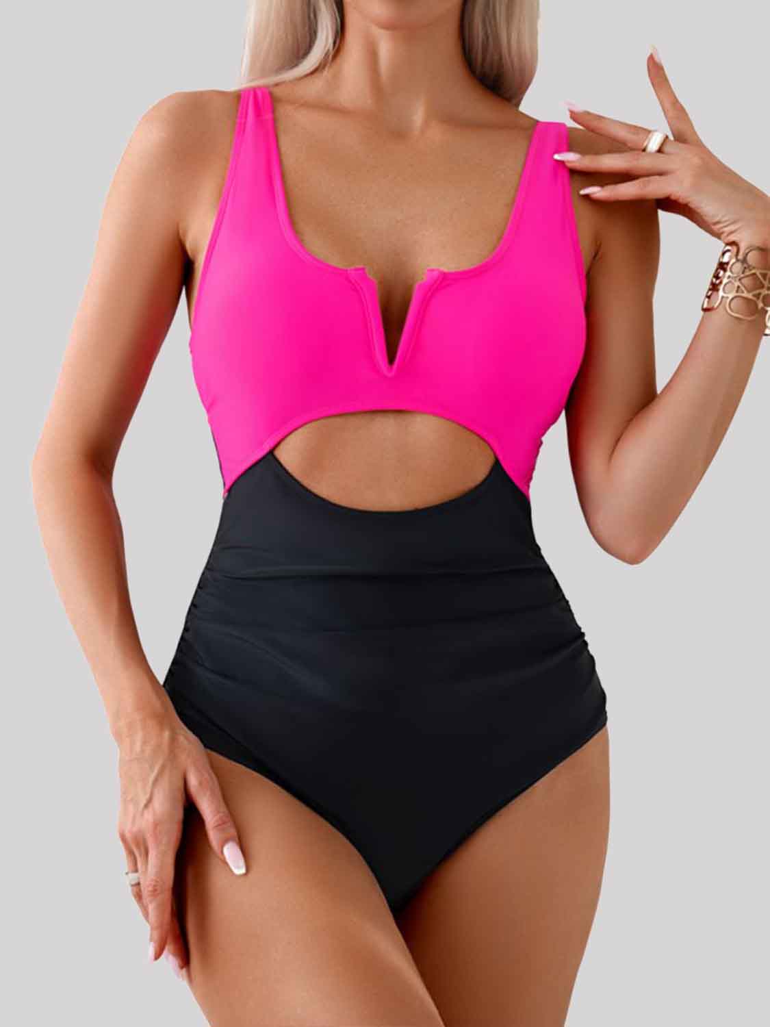 Tied Cutout Contrast One-Piece Swimwear - The Boutie Shop