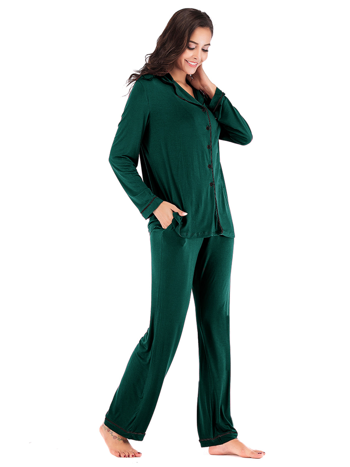 Collared Neck Long Sleeve Loungewear Set with Pockets - The Boutie Shop