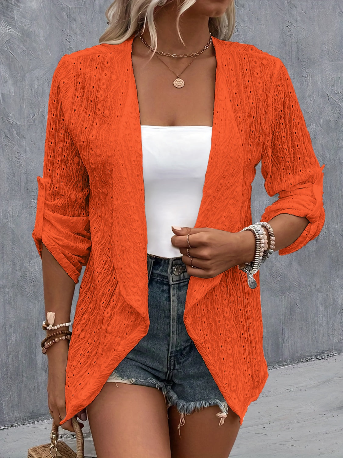 Eyelet Roll-Tab Sleeve Cardigan - The Boutie Shop