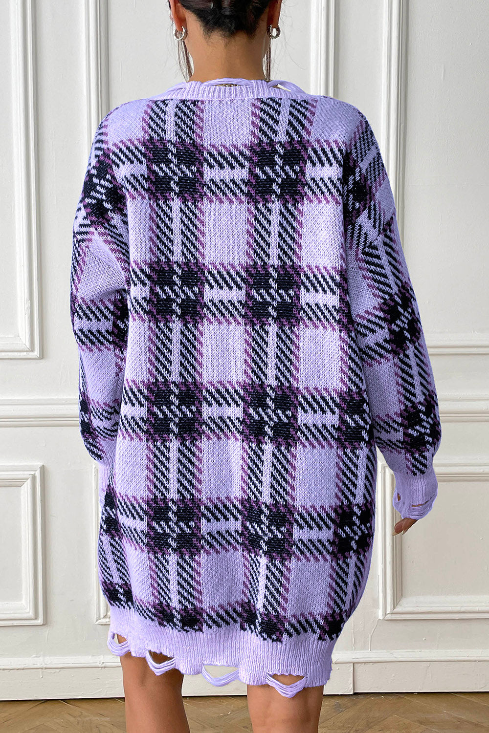 Plaid V-Neck Long Sleeve Sweater Dress - The Boutie Shop