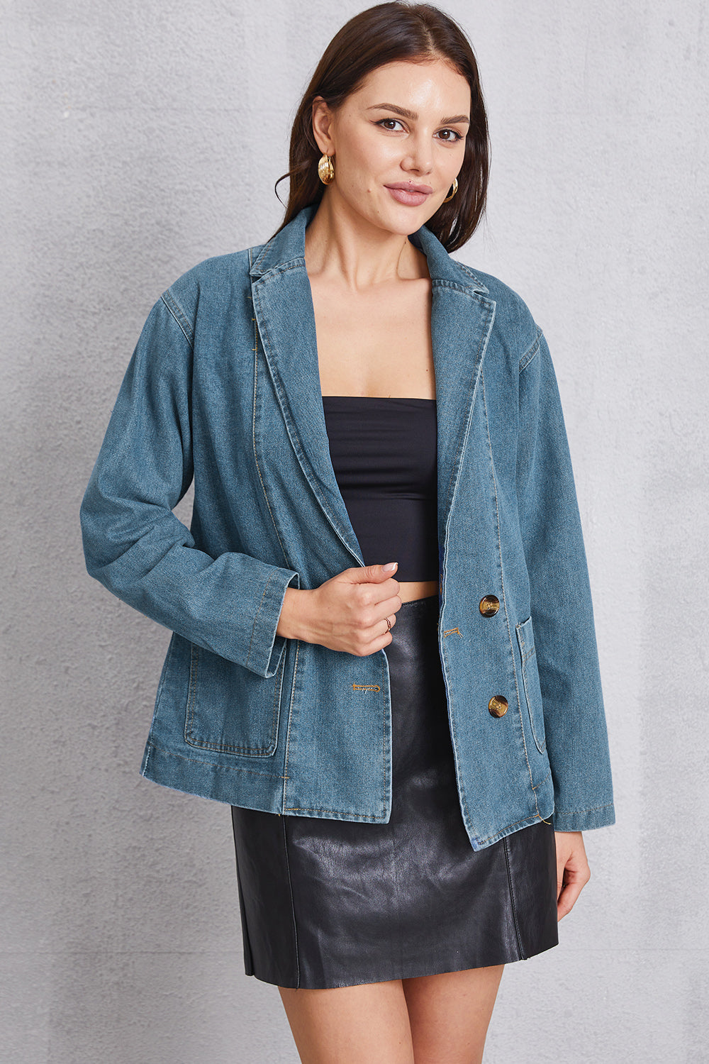 Pocketed Button Up Denim Jacket - The Boutie Shop