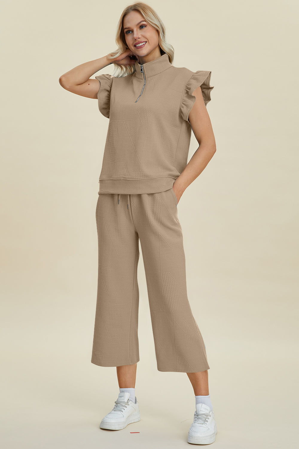 Double Take Full Size Texture Ruffle Short Sleeve Top and Wide Leg Pants Set - The Boutie Shop