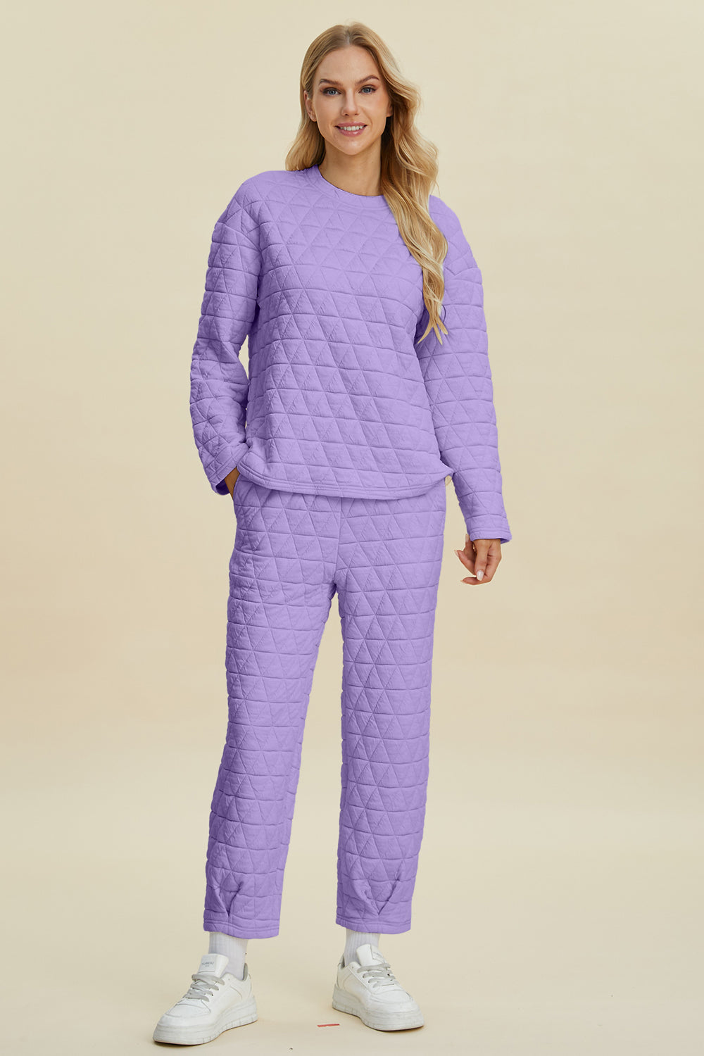 Double Take Full Size Texture Round Neck Long Sleeve Top and Pants Set - The Boutie Shop