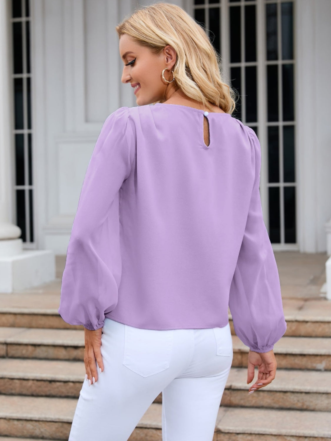 Round Neck Balloon Sleeve Blouse - The Boutie Shop