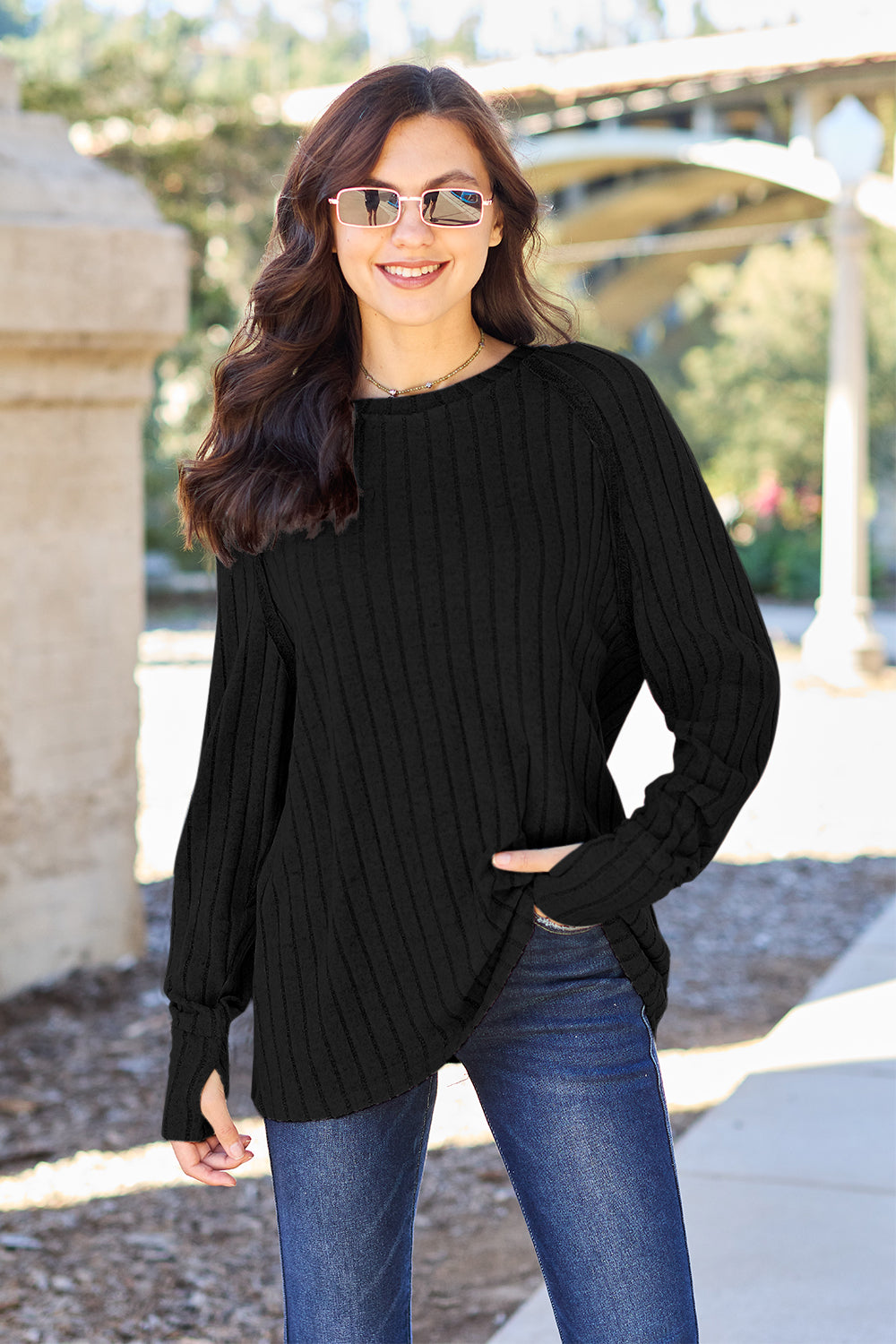 Basic Bae Full Size Ribbed Round Neck Long Sleeve Knit Top - The Boutie Shop