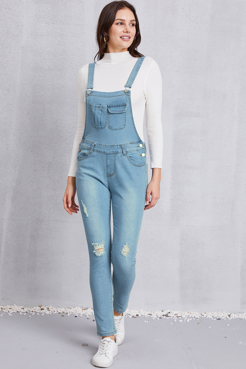 Distressed Washed Denim Overalls with Pockets - The Boutie Shop