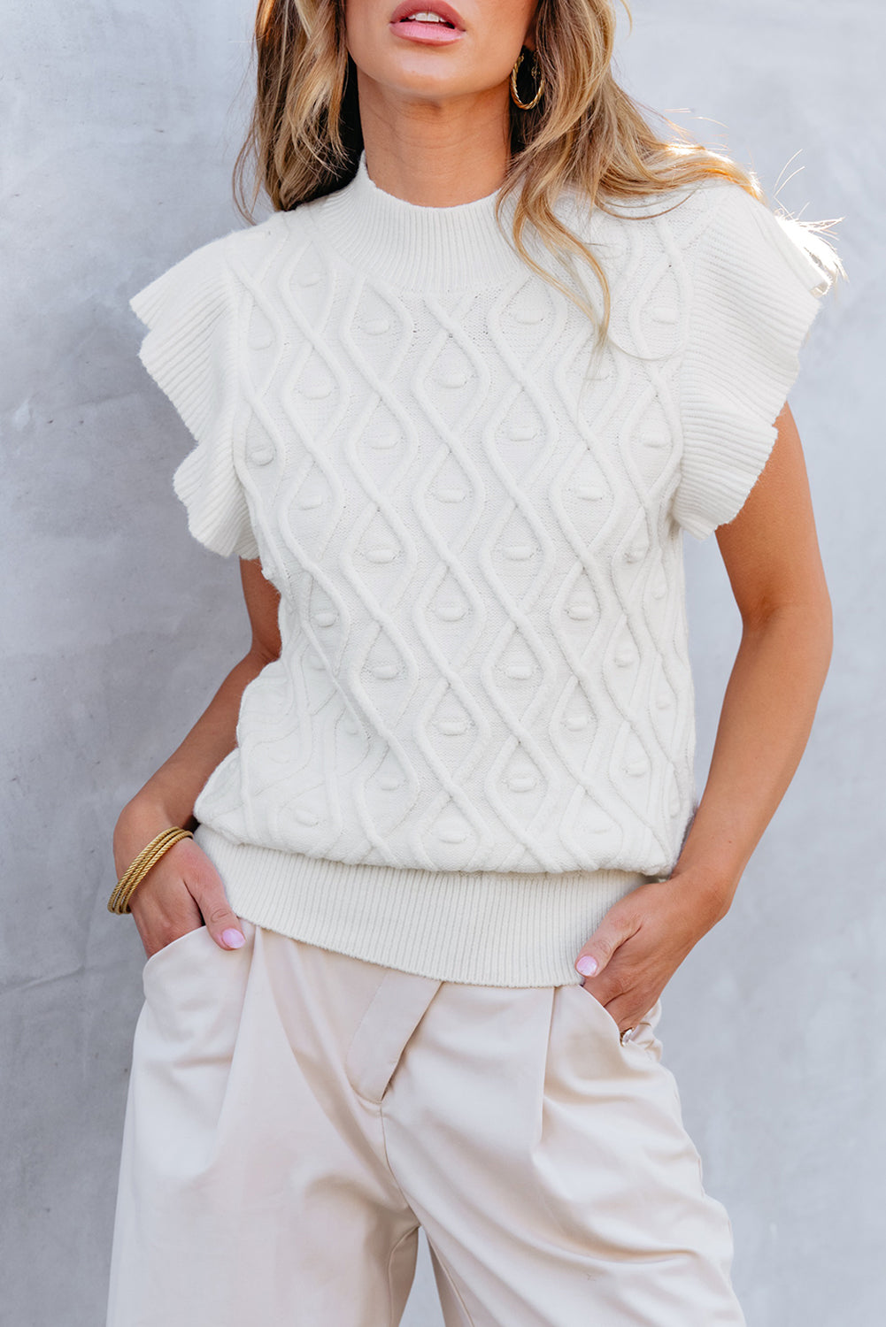 Ruffled Round Neck Cap Sleeve Knit Top - The Boutie Shop