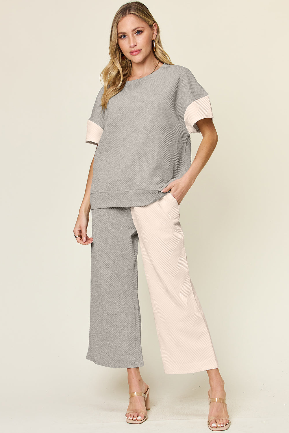 Double Take Full Size Texture Contrast T-Shirt and Wide Leg Pants Set - The Boutie Shop