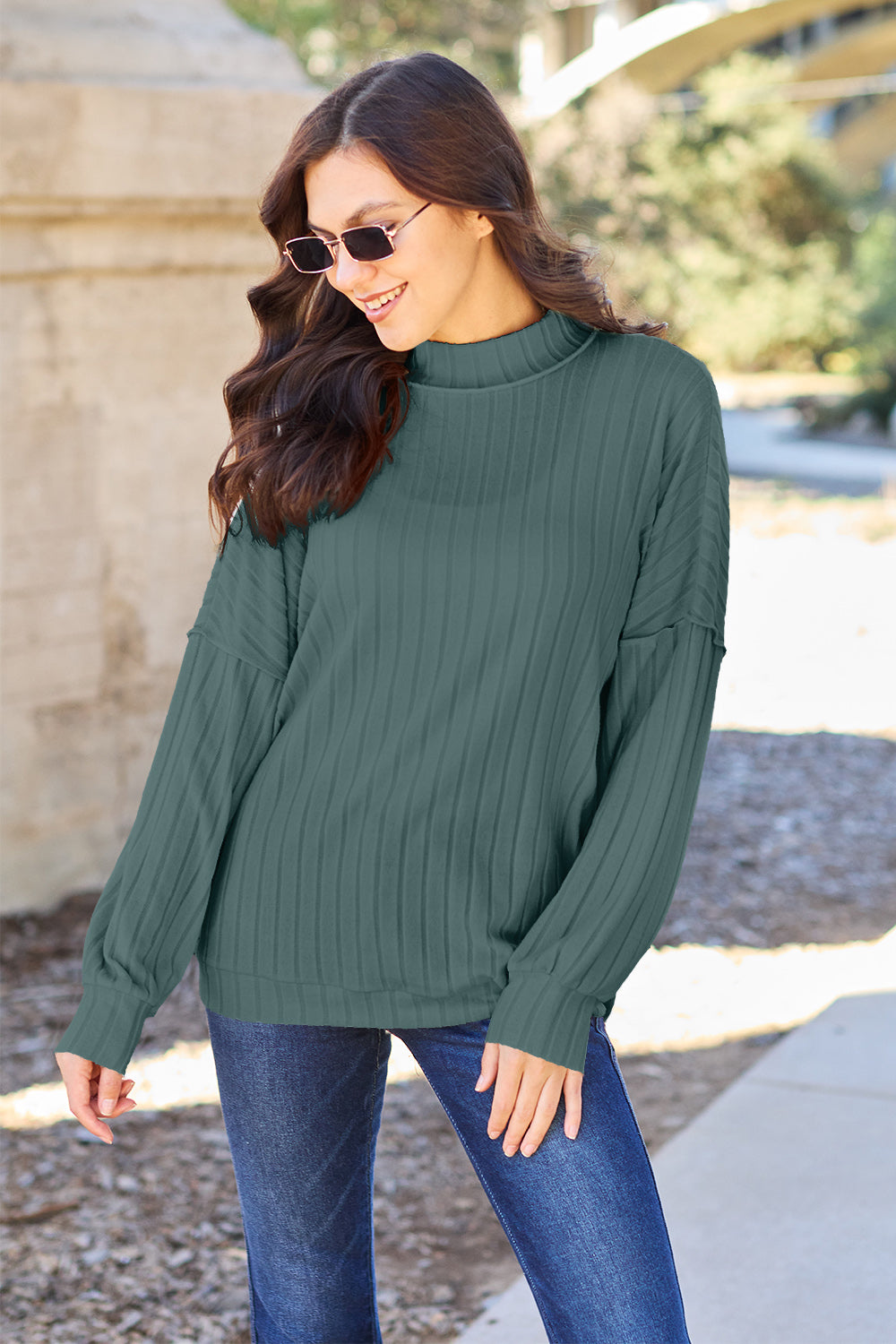 Basic Bae Full Size Ribbed Exposed Seam Mock Neck Knit Top - The Boutie Shop