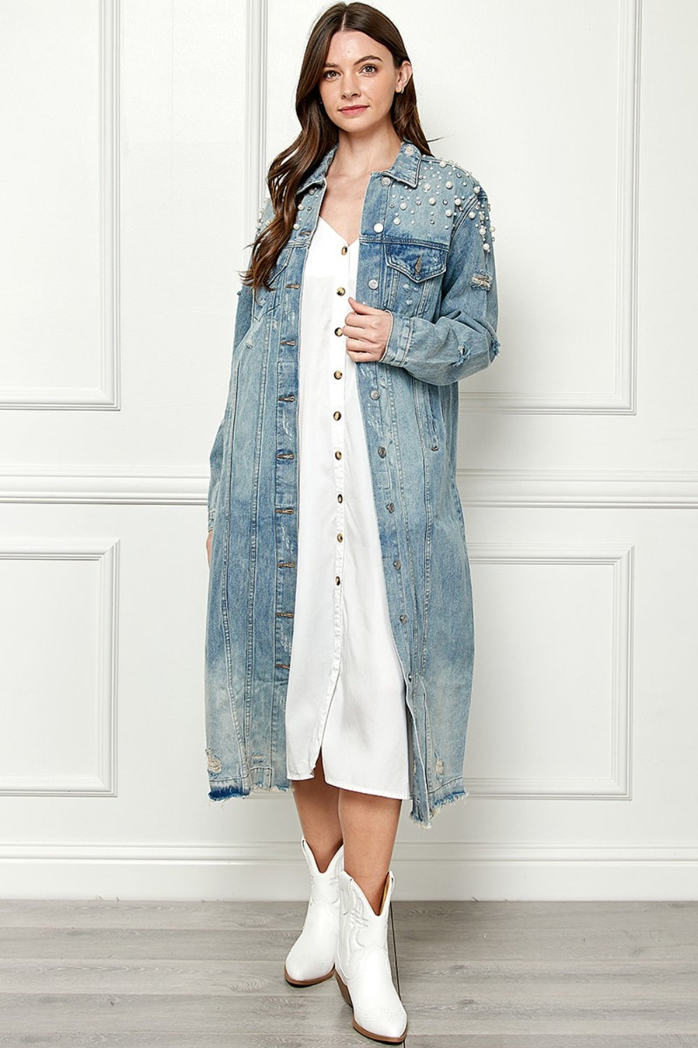 Veveret Full Size Distressed Raw Hem Pearl Detail Button Up Jacket - The Boutie Shop