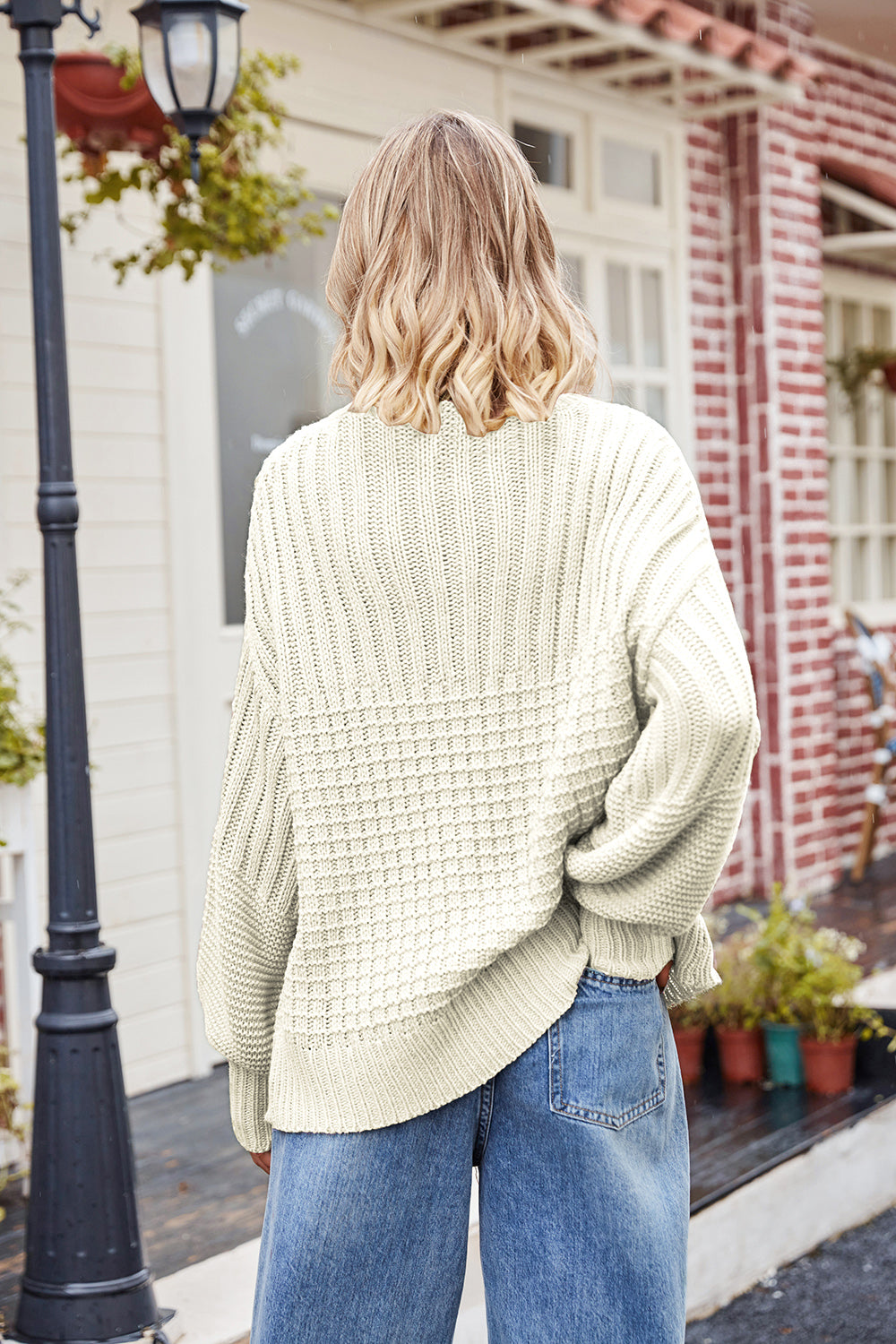 Ribbed Drop Shoulder Lantern Sleeve Sweater - The Boutie Shop