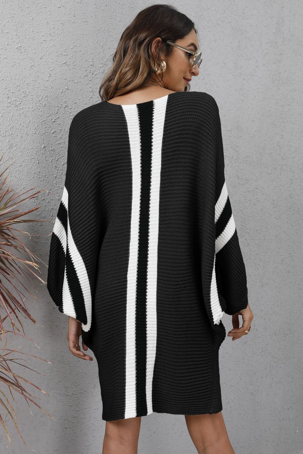 Ribbed Round Neck Long Sleeve Sweater Dress - The Boutie Shop