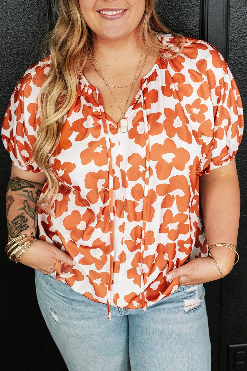 Plus Size Printed Tie Neck Short Sleeve Blouse - The Boutie Shop