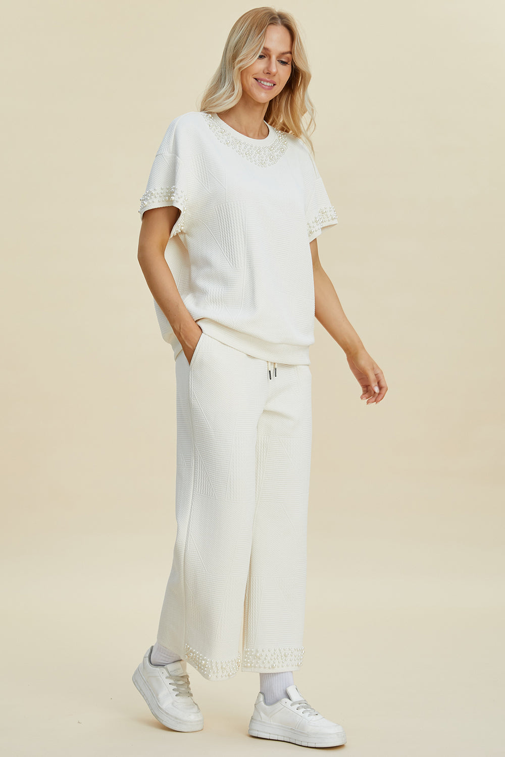 Double Take Full Size Pearl Detail Round Neck Top and Pants Set - The Boutie Shop