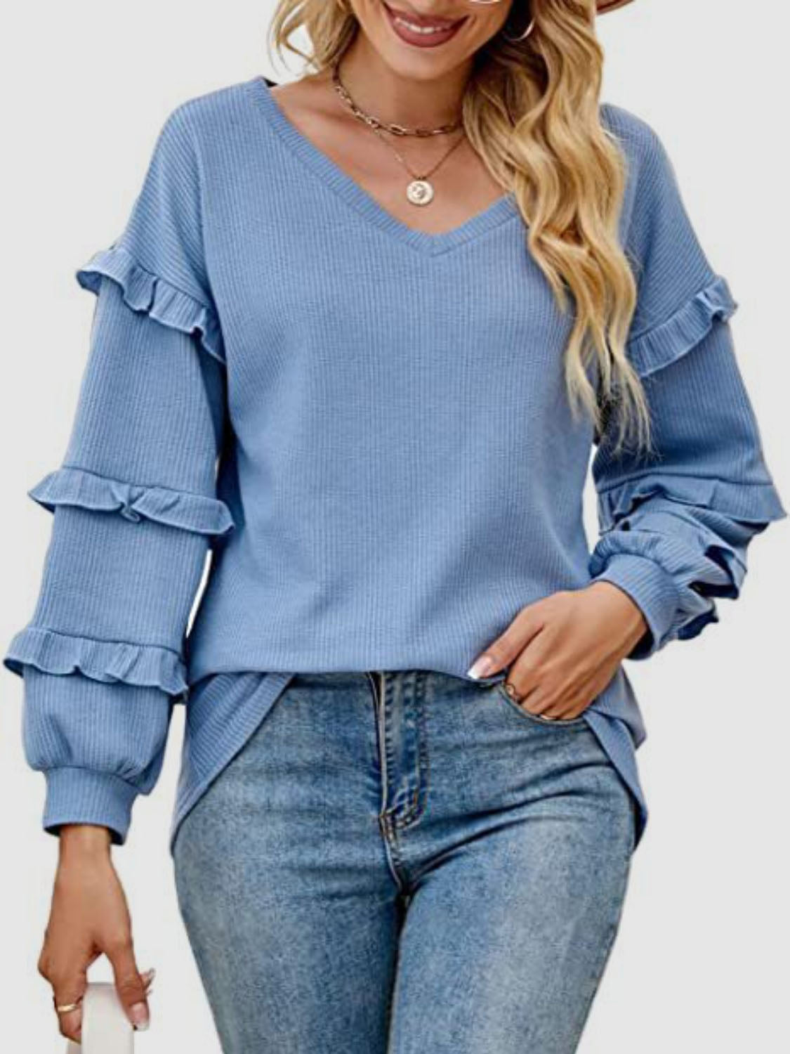 Ruffled V-Neck Long Sleeve T-Shirt - The Boutie Shop