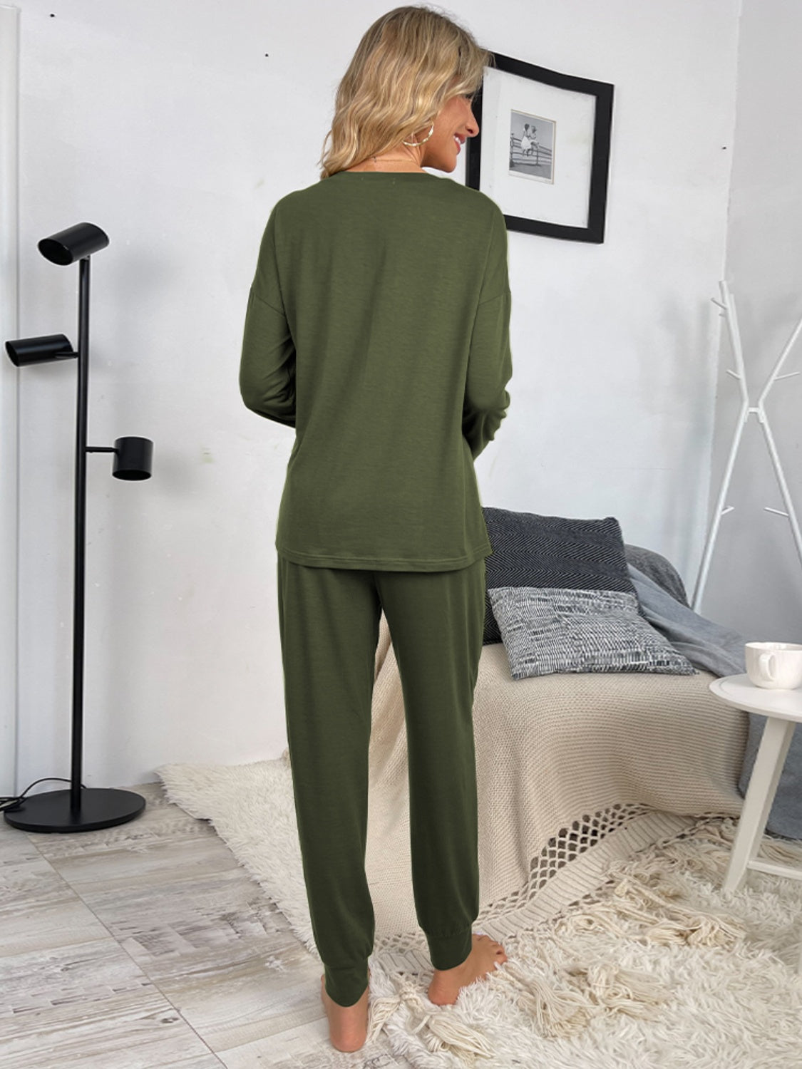 Shiny Round Neck Top and Drawstring Pants Lounge Set - The Boutie Shop