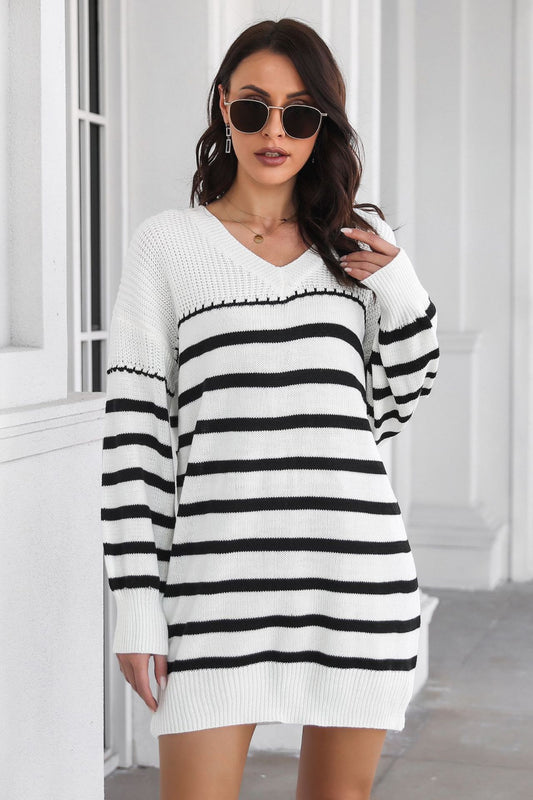 Striped V-Neck Drop Shulder Sweater Dress - The Boutie Shop