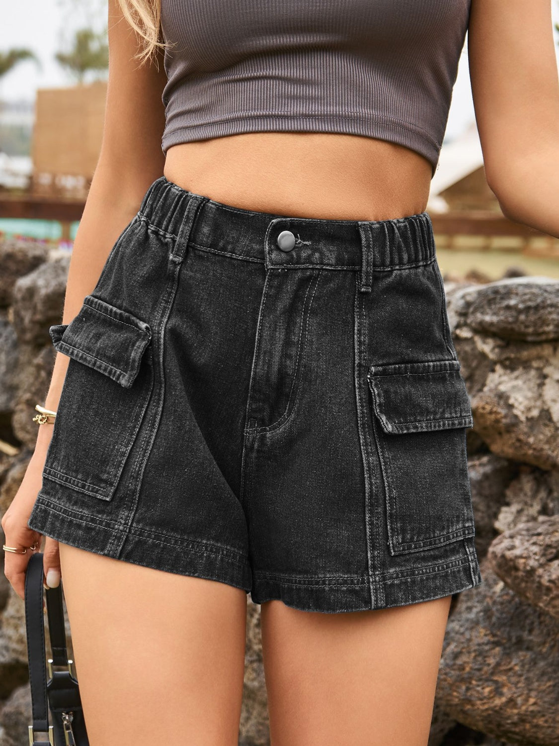 High Waist Denim Shorts with Pockets - The Boutie Shop