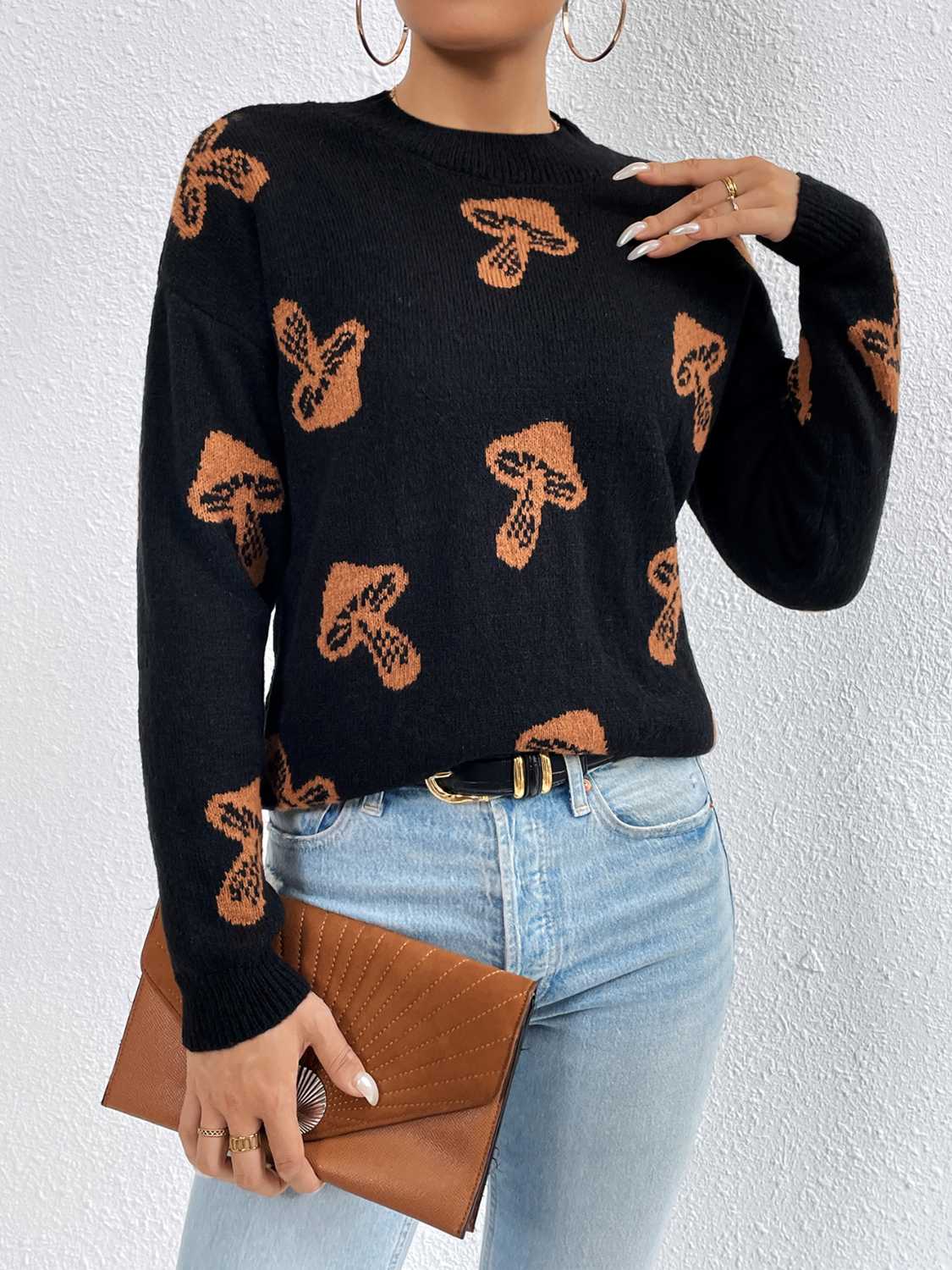 Patterned Drop Shoulder Sweater - The Boutie Shop