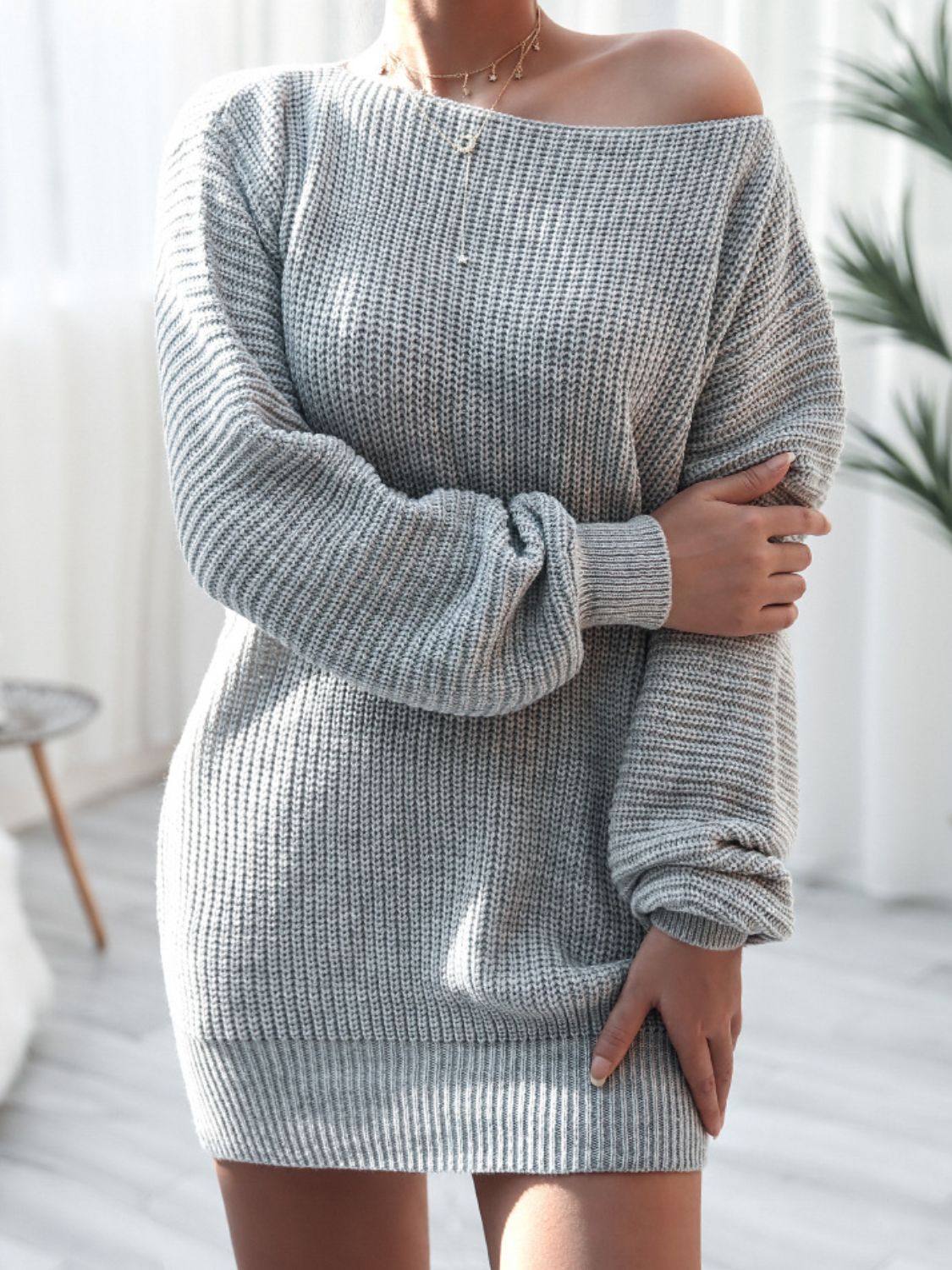 Balloon Sleeve Boat Neck Sweater Mini Dress - The Boutie Shop