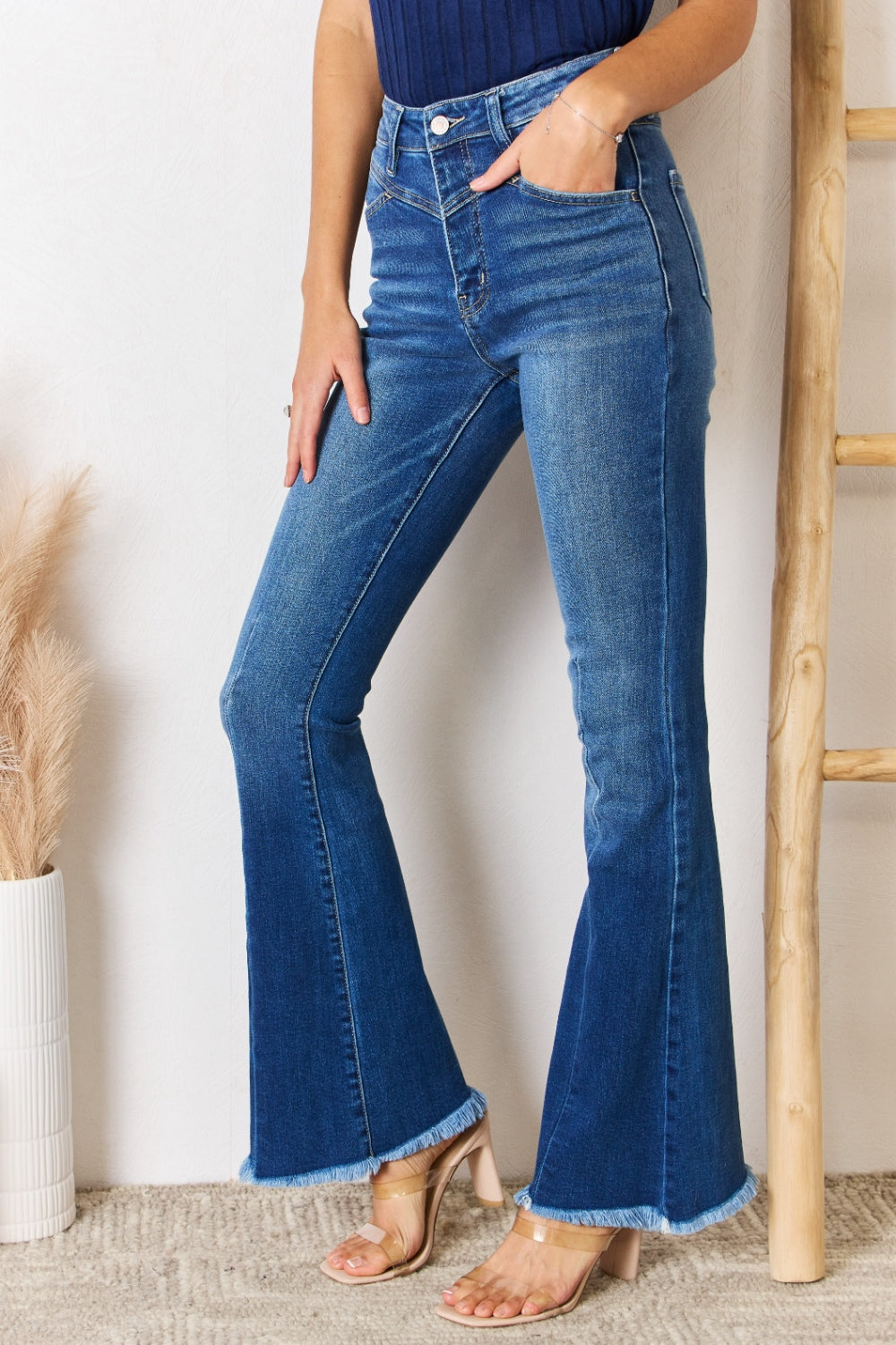 Kancan High Rise Raw Hem Flare Jeans - The Boutie Shop