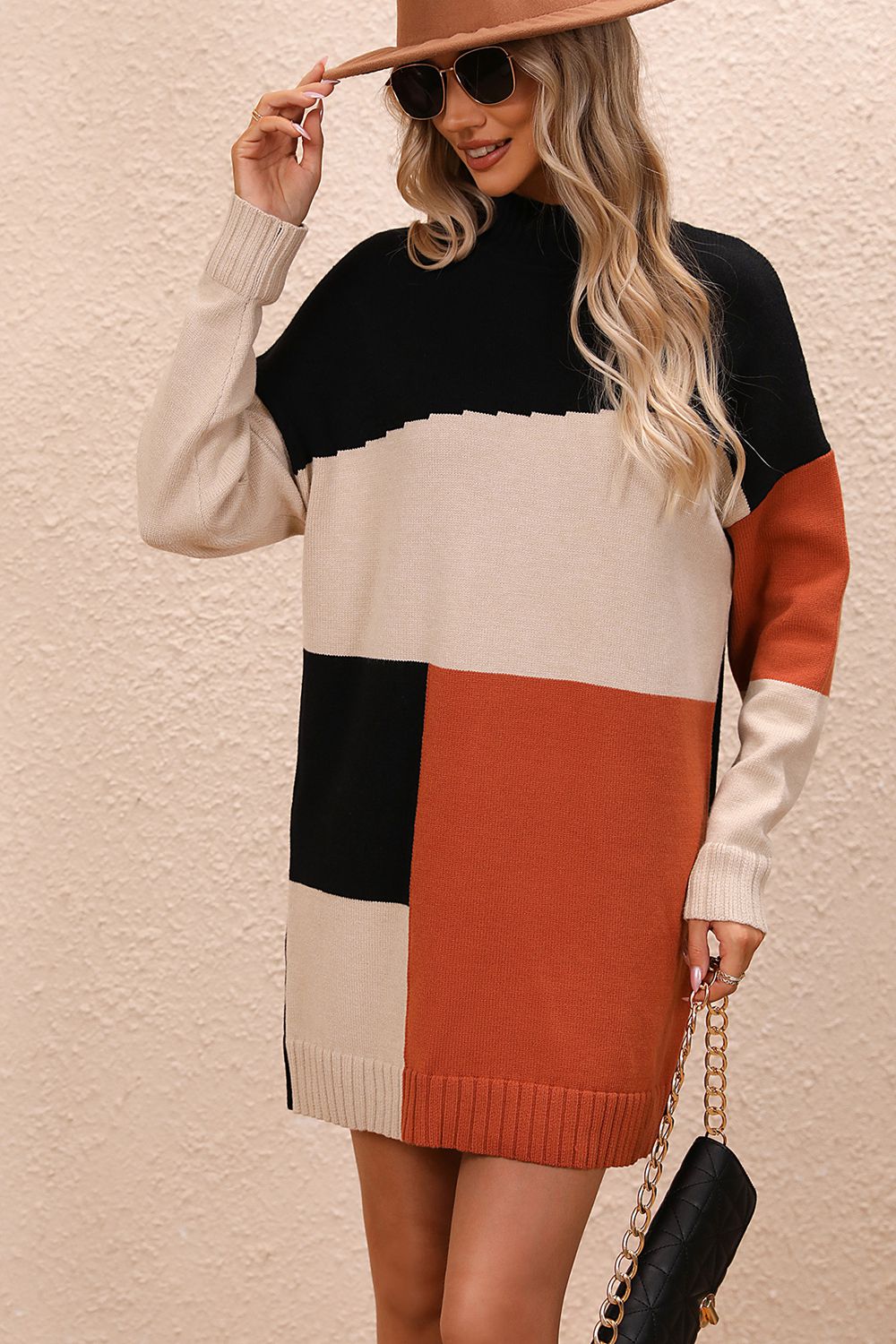 Color Block Mock Neck Dropped Shoulder Sweater Dress - The Boutie Shop