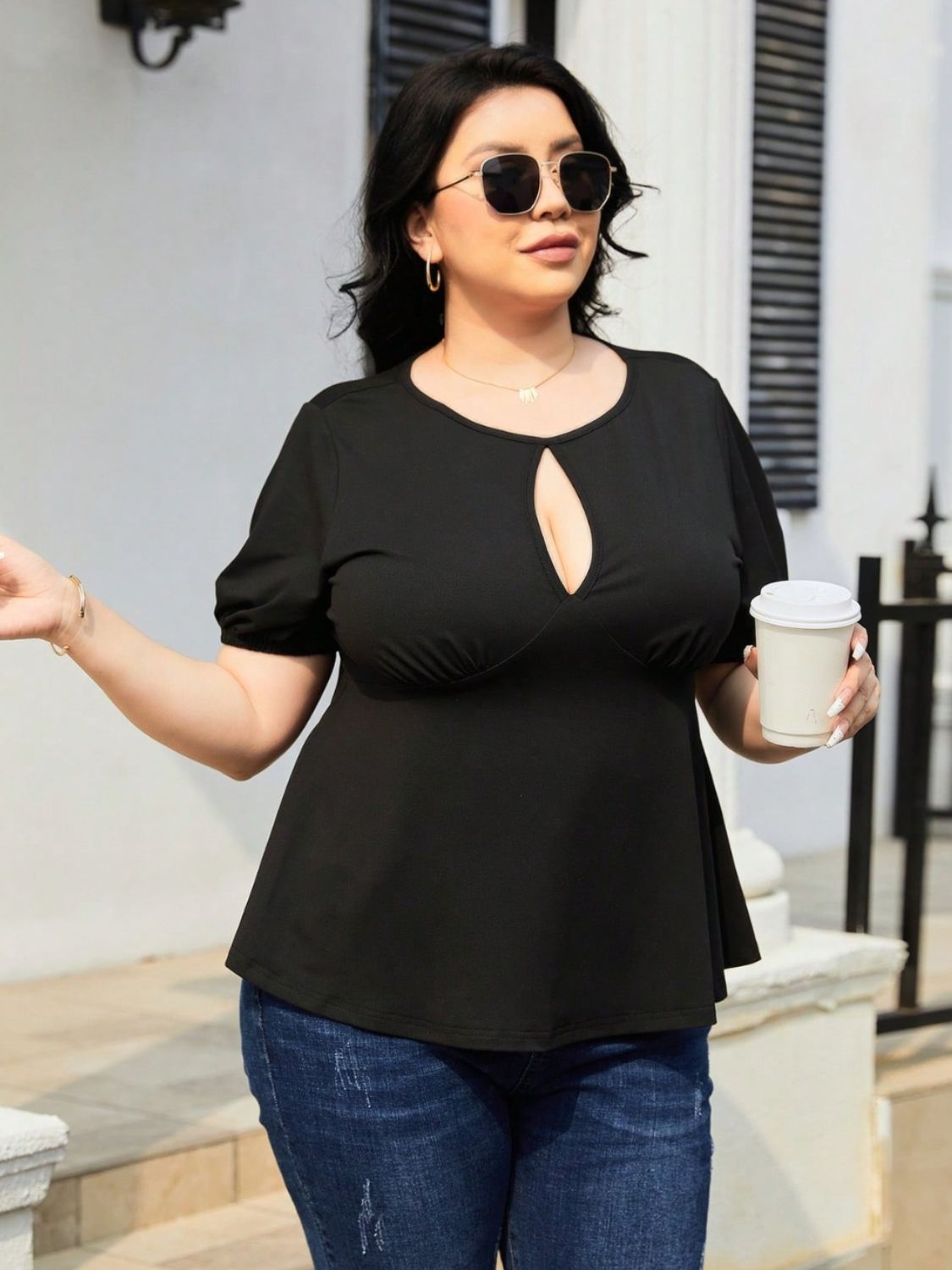 Plus Size Cutout Short Sleeve Blouse - The Boutie Shop