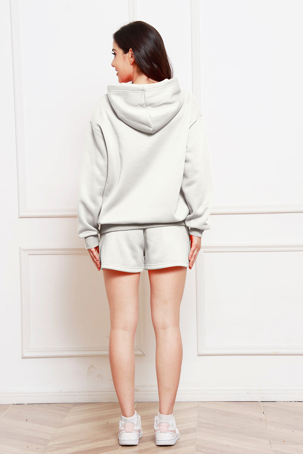 Drop Shoulder Long Sleeve Hoodie and Shorts Set - The Boutie Shop