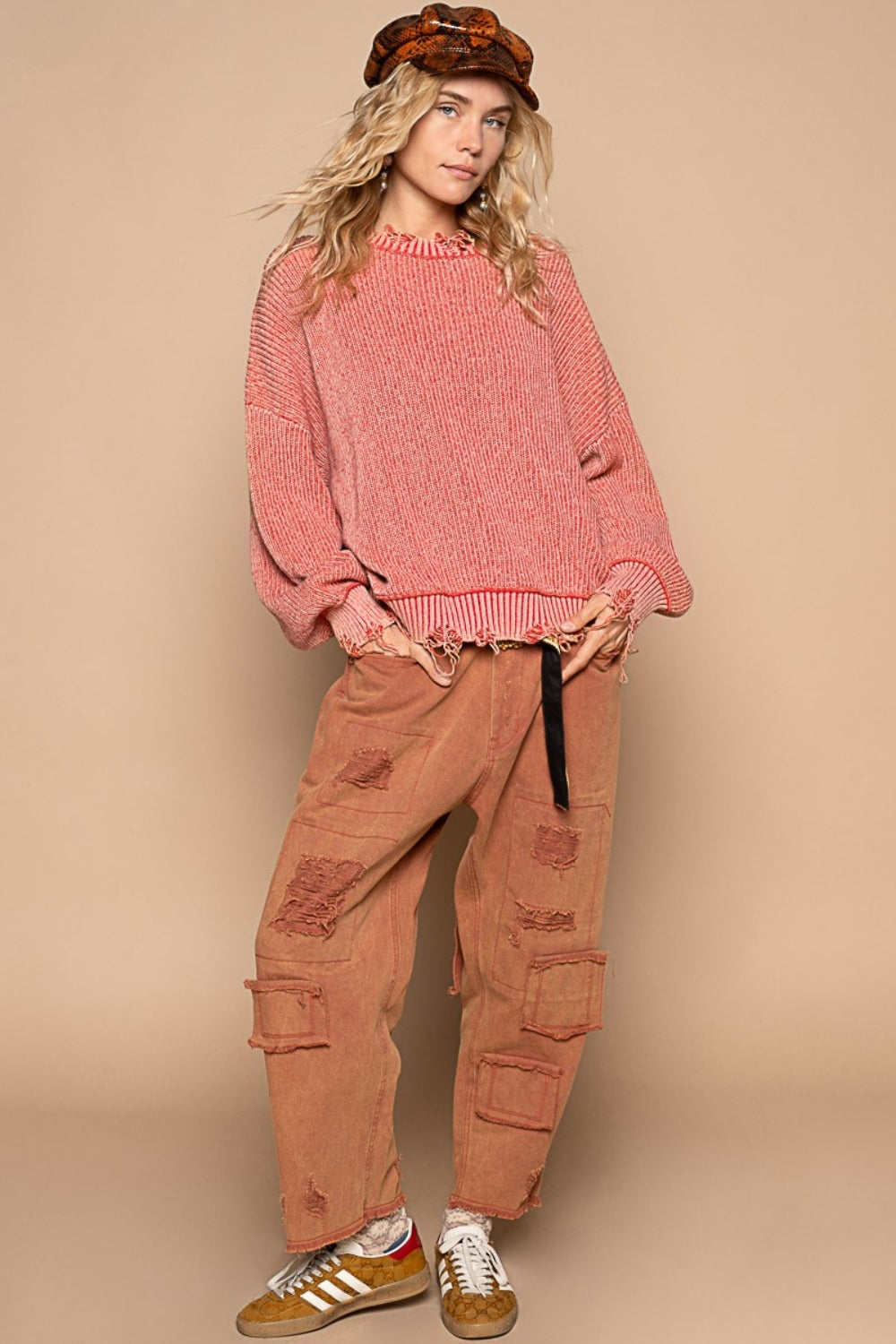 POL Distressed Washed Drop Shoulder Sweater - The Boutie Shop