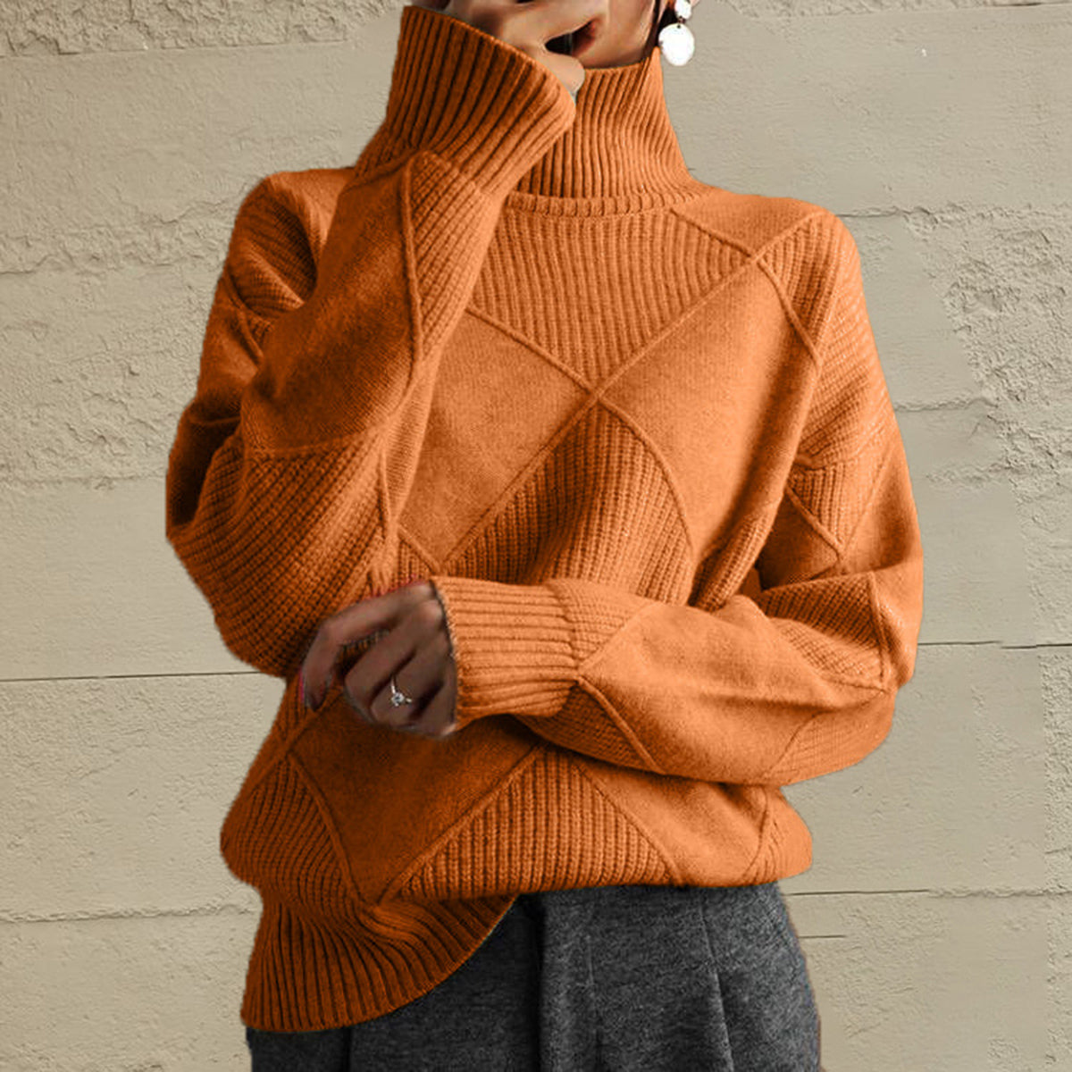 Geometric Turtleneck Long Sleeve Sweater - The Boutie Shop