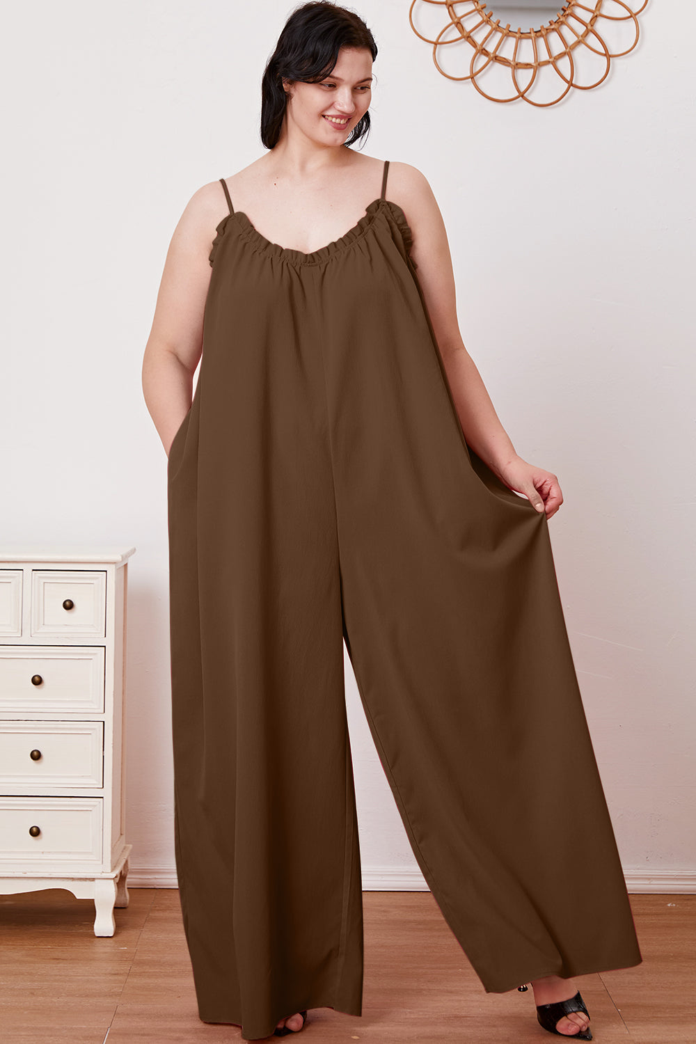 Double Take Full Size Ruffle Trim Tie Back Cami Jumpsuit with Pockets - The Boutie Shop