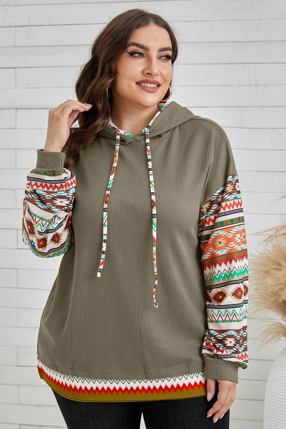 Plus Size Waffle-Knit Geometric Dropped Shoulder Hoodie - The Boutie Shop