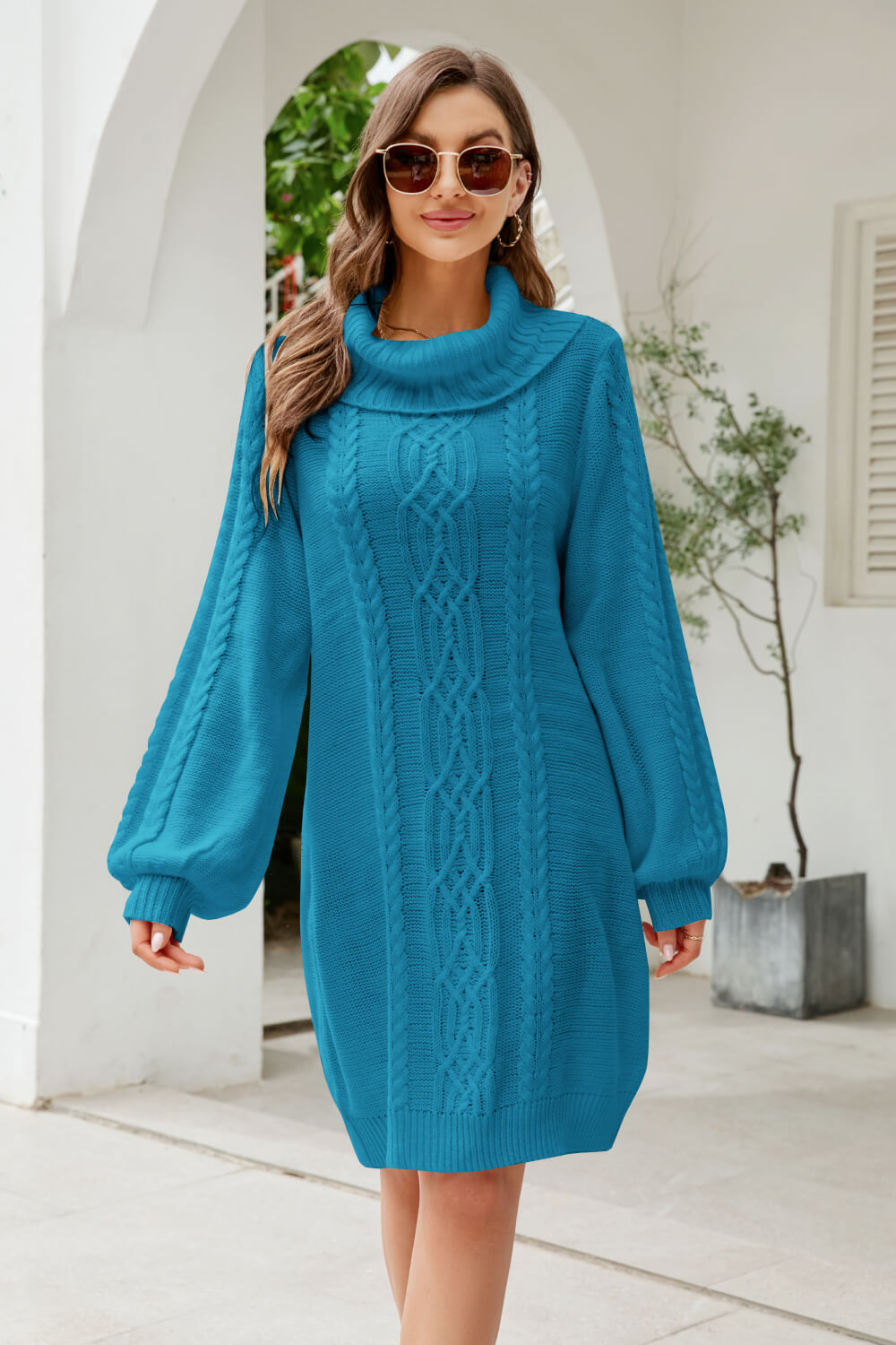 Woven Right Mixed Knit Turtleneck Lantern Sleeve Sweater Dress - The Boutie Shop