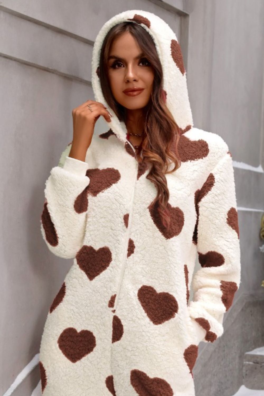 Fuzzy Heart Zip Up Hooded Lounge Jumpsuit - The Boutie Shop