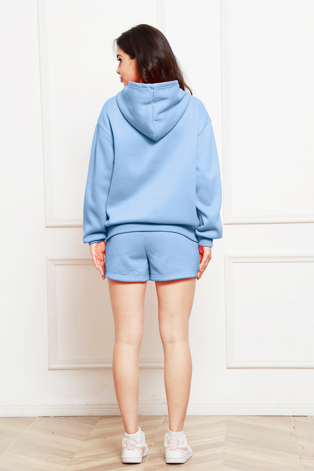 Drop Shoulder Long Sleeve Hoodie and Shorts Set - The Boutie Shop