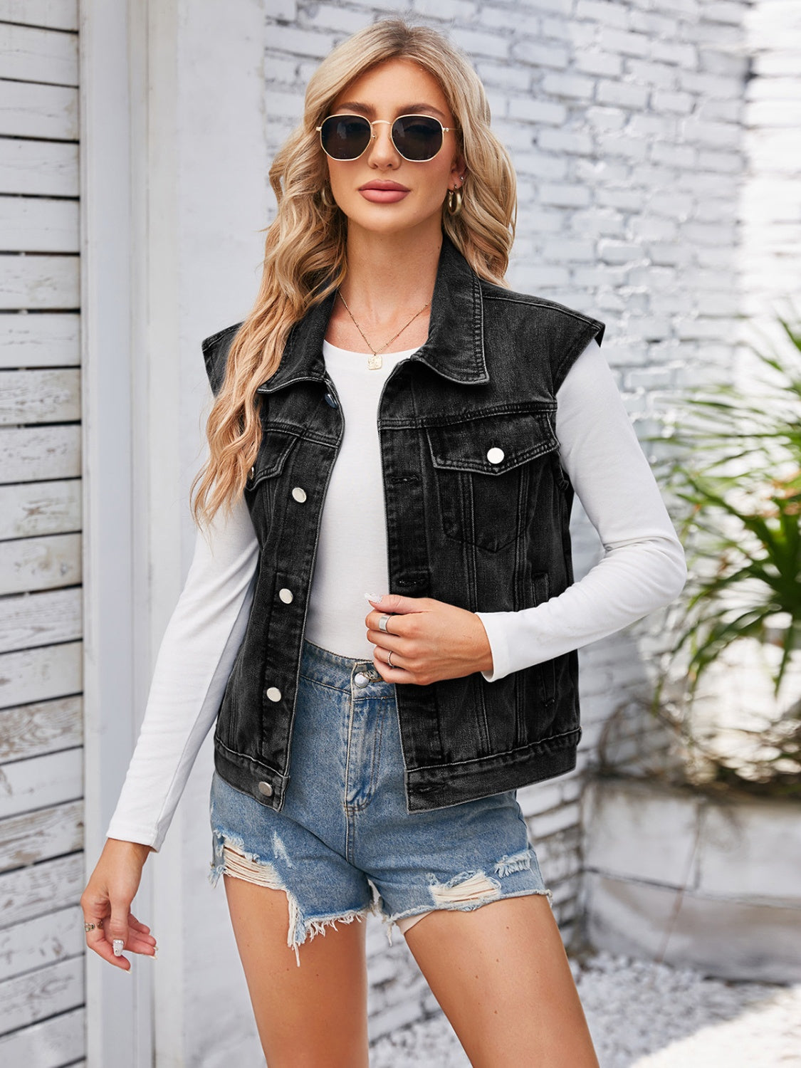 Button Up Cap Sleeve Denim Jacket - The Boutie Shop