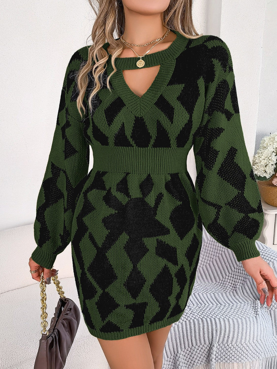 Contrast Round Neck Cutout Long Sleeve Mini Sweater Dress - The Boutie Shop