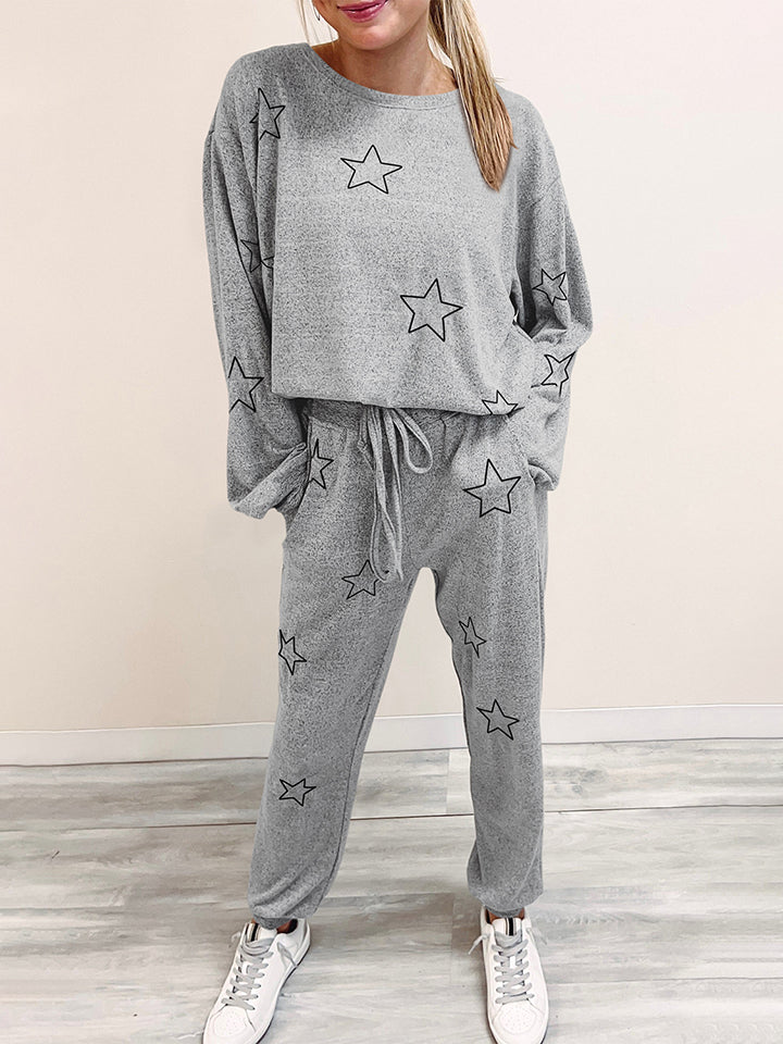 Star Print Long Sleeve Top and Pants Lounge Set - The Boutie Shop