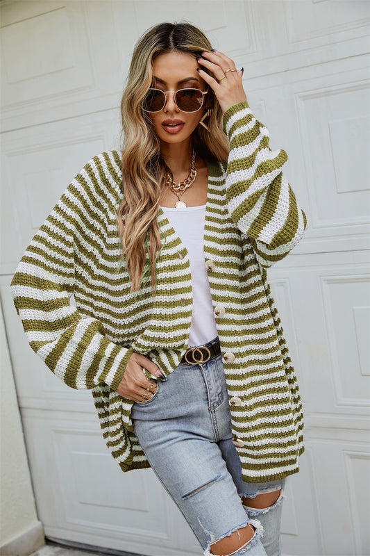 Angel Wings Striped Button Up Long Sleeve Cardigan - The Boutie Shop