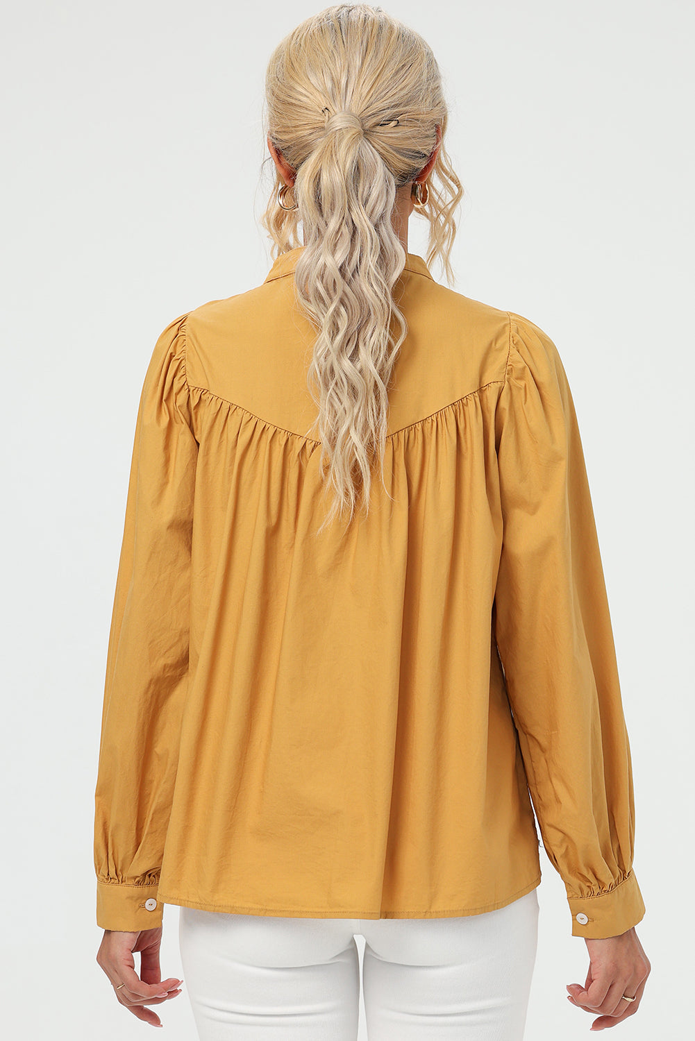 Ruched Button Up Long Sleeve Shirt - The Boutie Shop