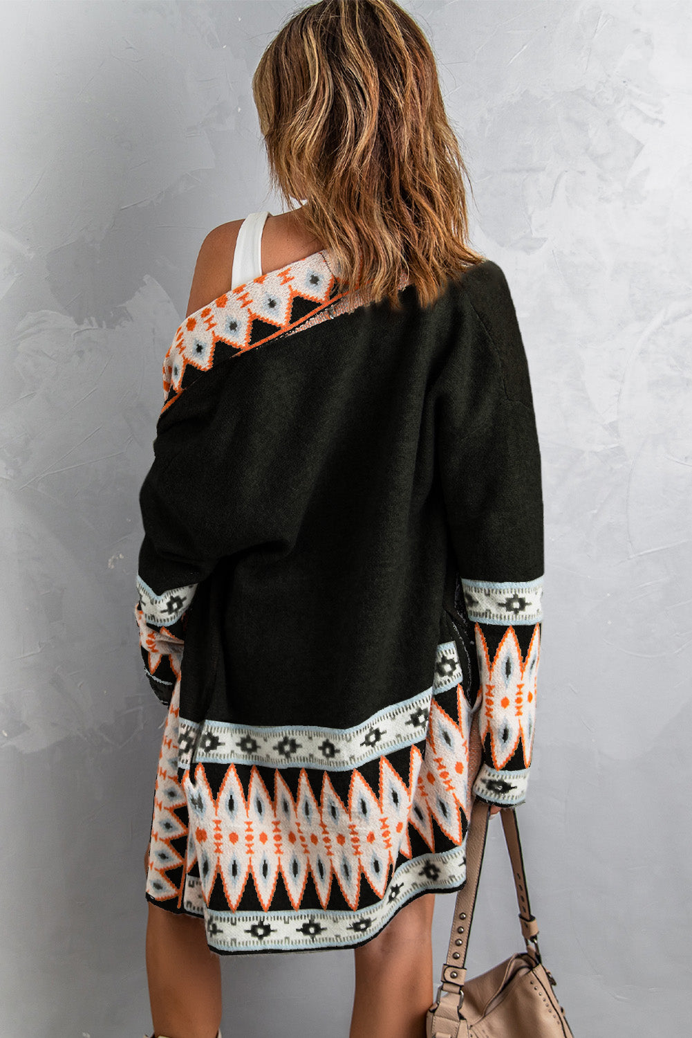 Geometric Open Front Long Sleeve Cardigan - The Boutie Shop