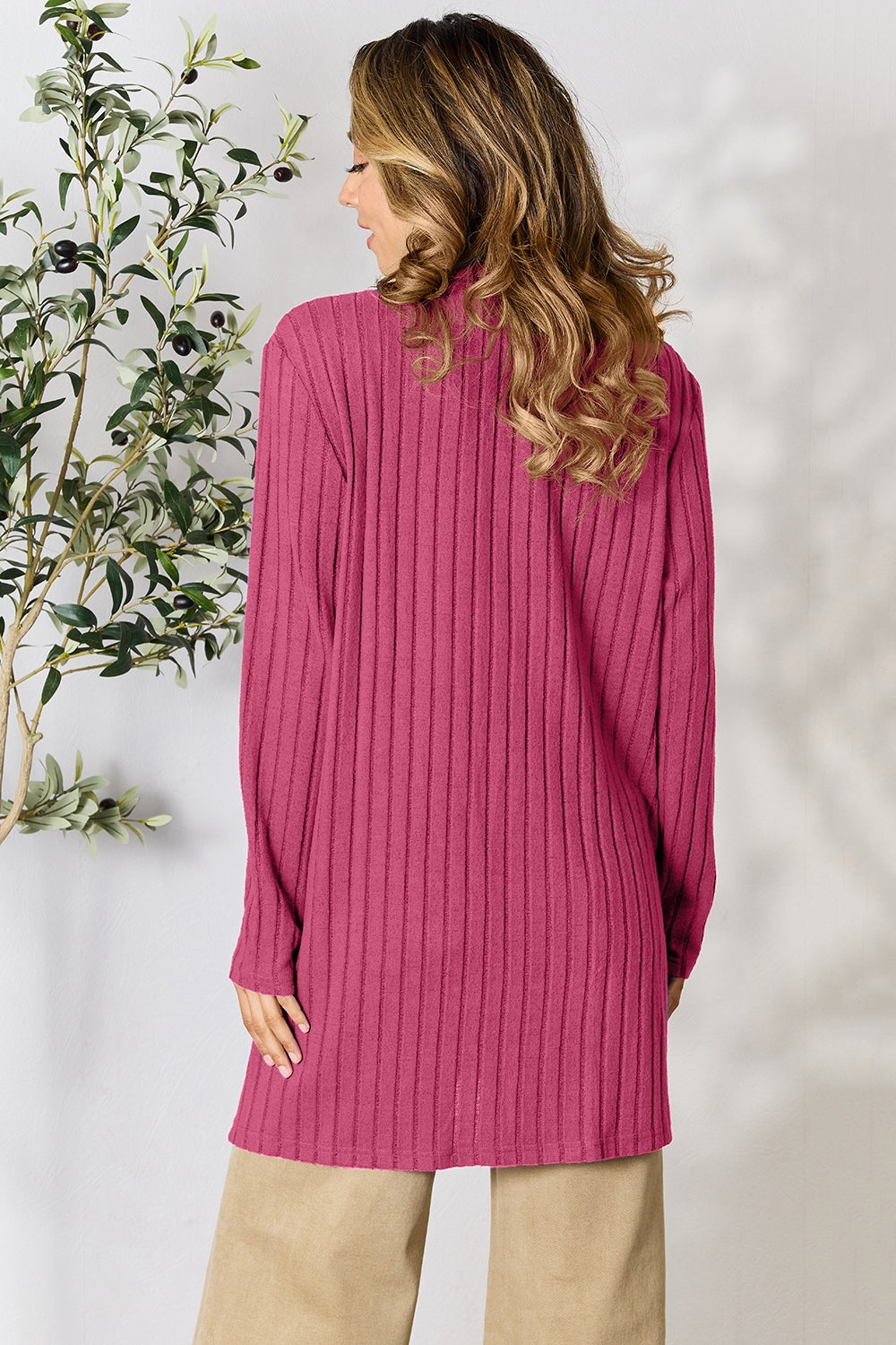 Basic Bae Full Size Ribbed Open Front Cardigan with Pockets - The Boutie Shop