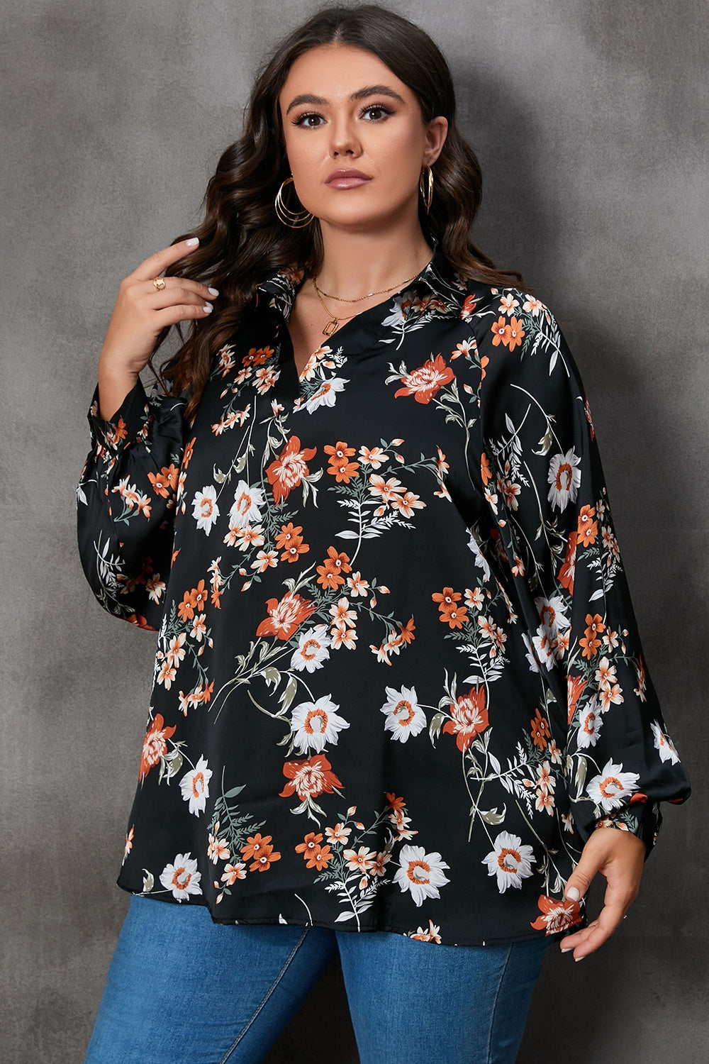 Plus Size Printed Johnny Collar Long Sleeve Blouse - The Boutie Shop