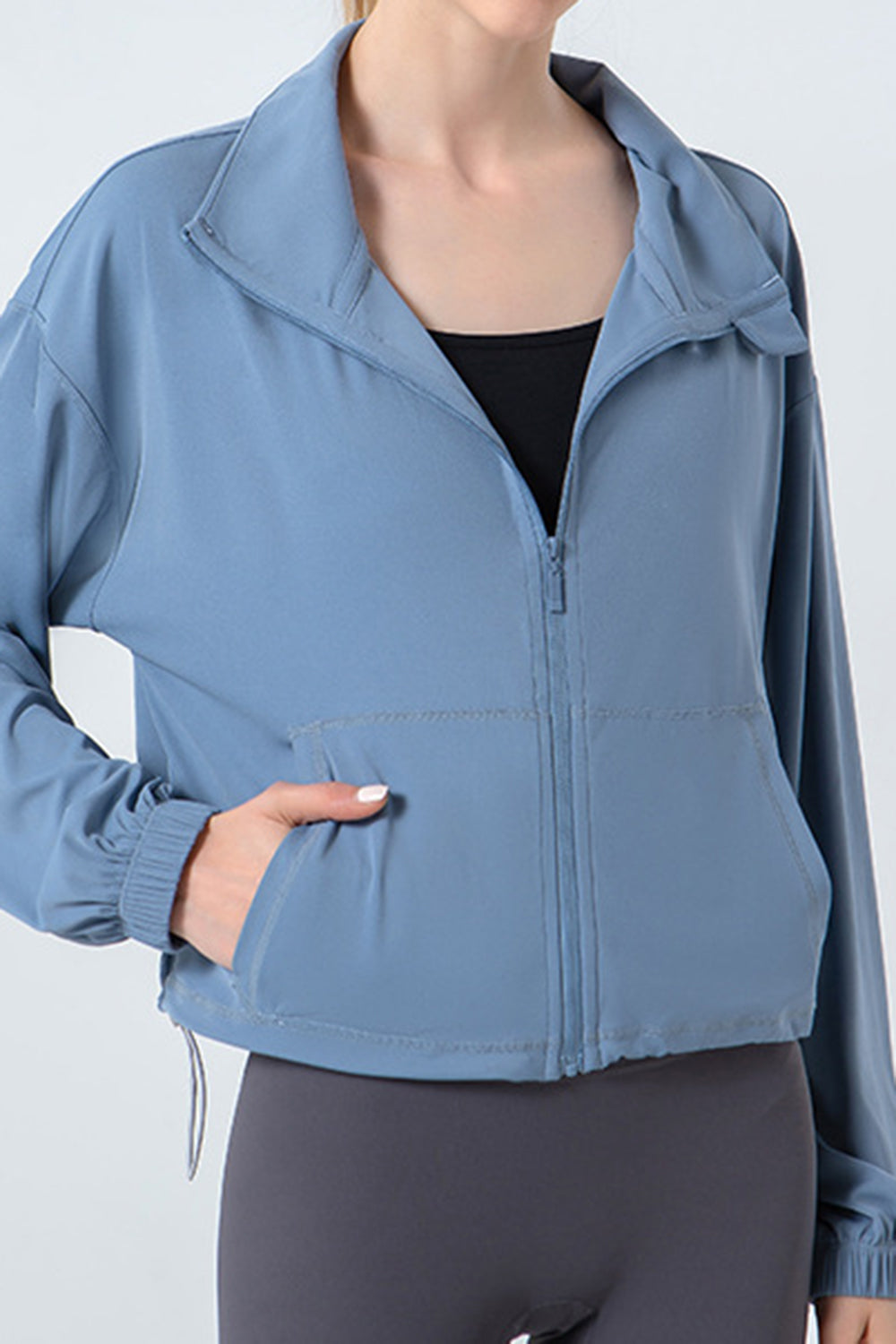 Drawstring Zip Up Dropped Shoulder Active Outerwear - The Boutie Shop