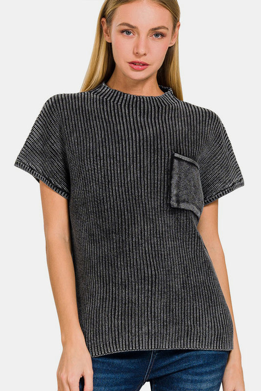 Zenana Pocketed Mock Neck Short Sleeve Sweater - The Boutie Shop