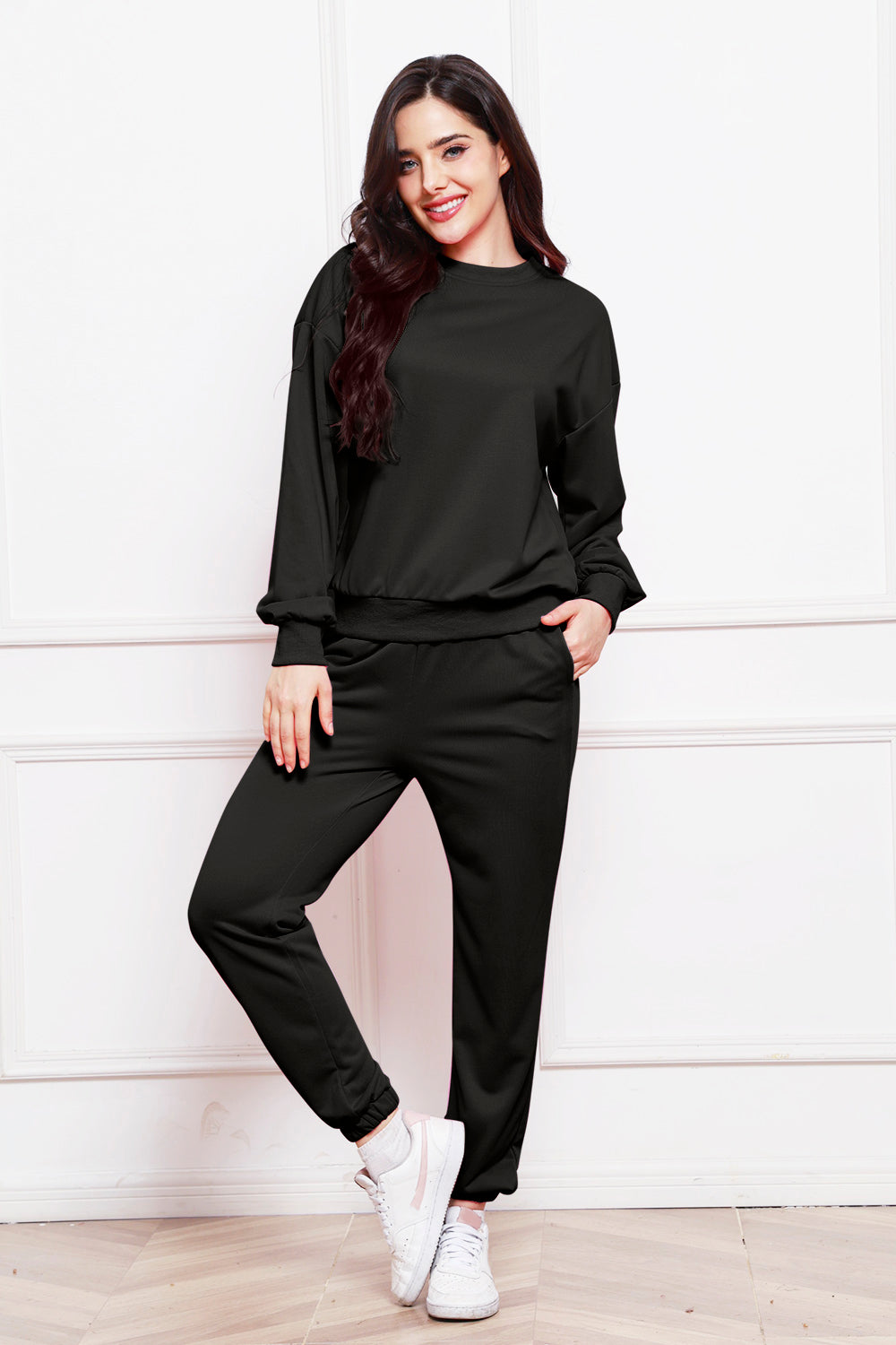 Round Neck Long Sleeve Sweatshirt and Pants Set - The Boutie Shop