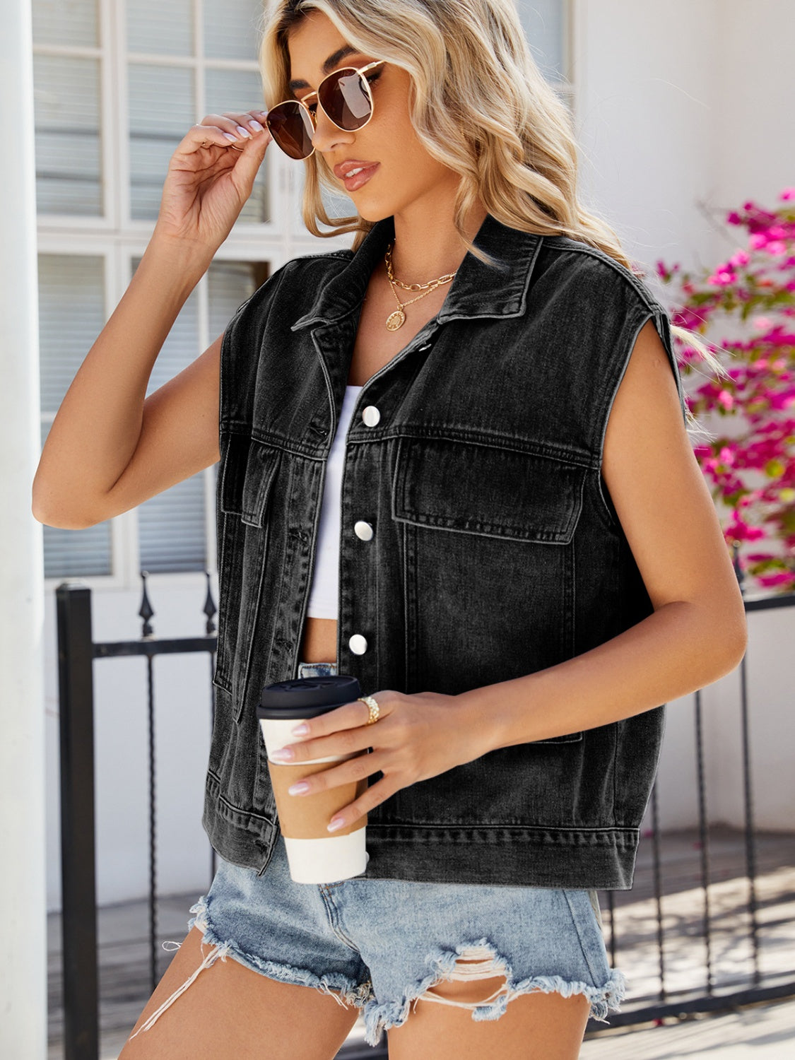 Pocketed Button Up Sleeveless Denim Jacket - The Boutie Shop